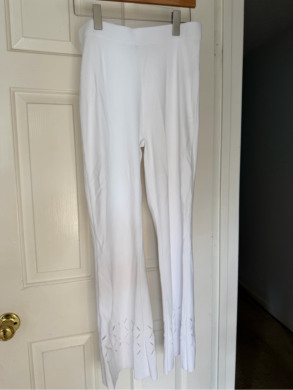 Michael Kors White Wide-Leg Knit Pants with Cutout Hem